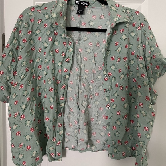 Hot Topic Frog Mushroom Button Up Shirt Green Kawaii Y2K Style Sz M - Picture 2 of 6